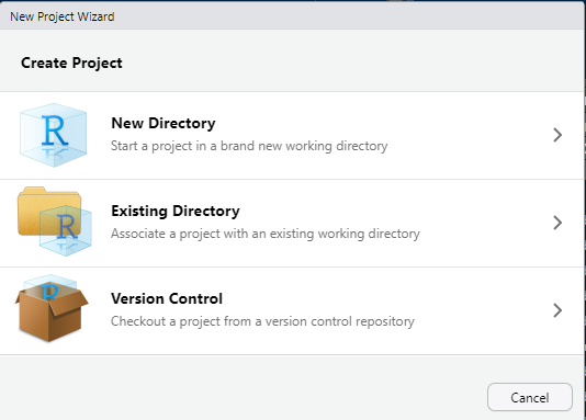 Image of New Project Wizard with options for New Directory, Existing Director, and Version Control