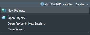 Screenshot of new project option in RStudio under the project name in RStudio