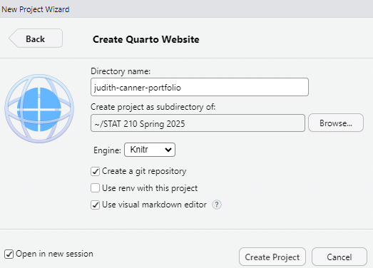 Image of New Project Wizard in RStudio where students set their directory name