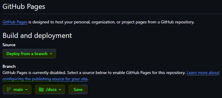 Settings to Deploy from the docs file on the main branch for your pages
