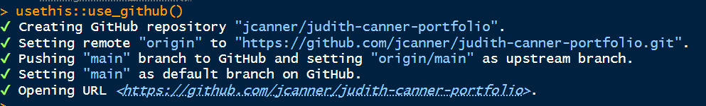 Output from using usethis::use_github()