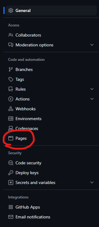 Location of Pages within Settings within GitHub Repository