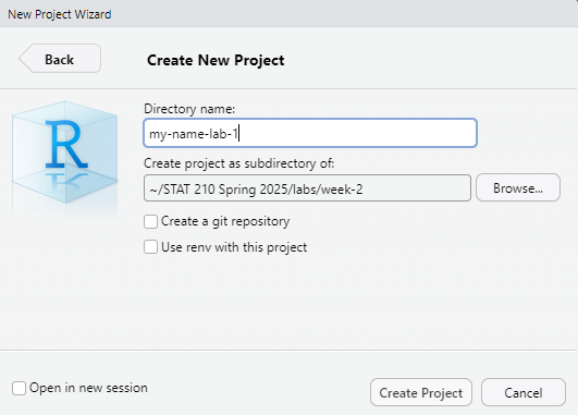Create New Project window of New Project Wizard in RStudio that allows for specification of Directory Name and File Location