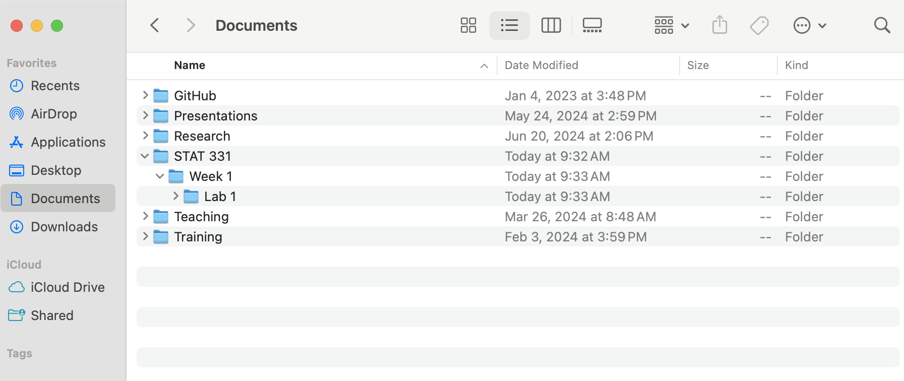 A screenshot of the folders included in the Documents on a Mac. The image shows six folders, with the subfolder structure highlighted for the folder named 'STAT 331'.