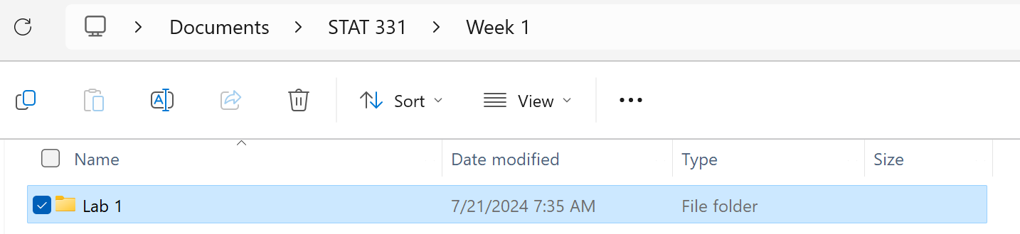 A screenshot of the folders included in the Documents on a PC. The image shows six folders, with the subfolder structure highlighted for the folder named 'STAT 331'.