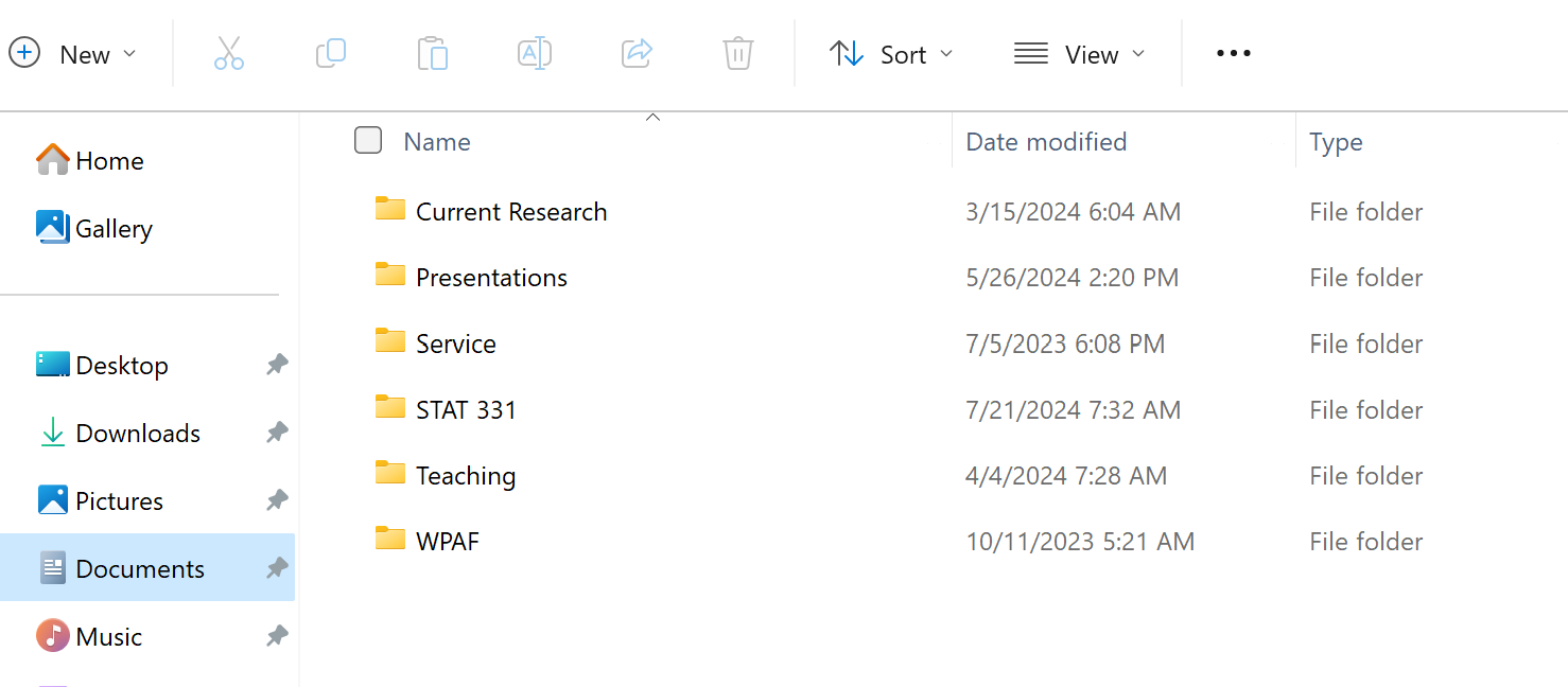 A screenshot of the folders included in the Documents on a PC. The image shows six folders, including a folder titled 'STAT 311'.